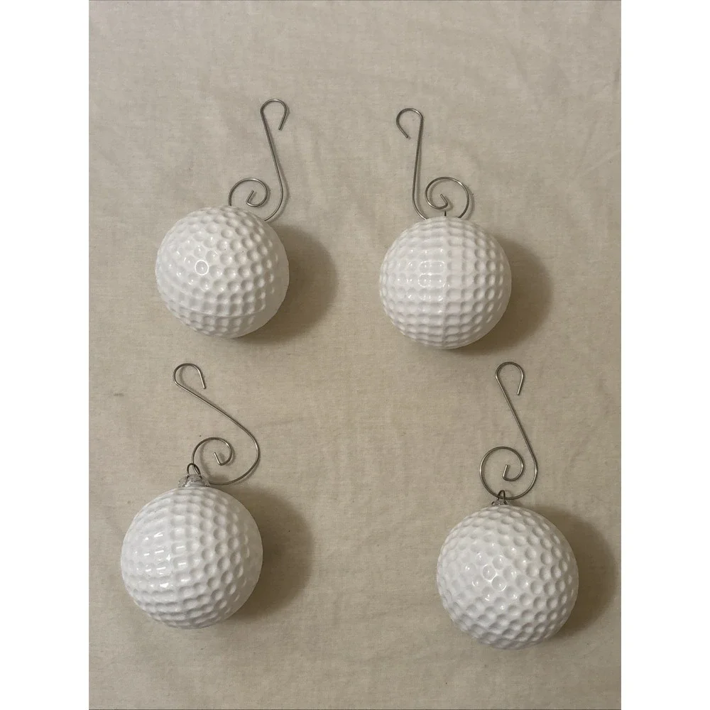 Golf Ball Christmas Ornaments Set of 4 White Plastic Sports Holiday Decor